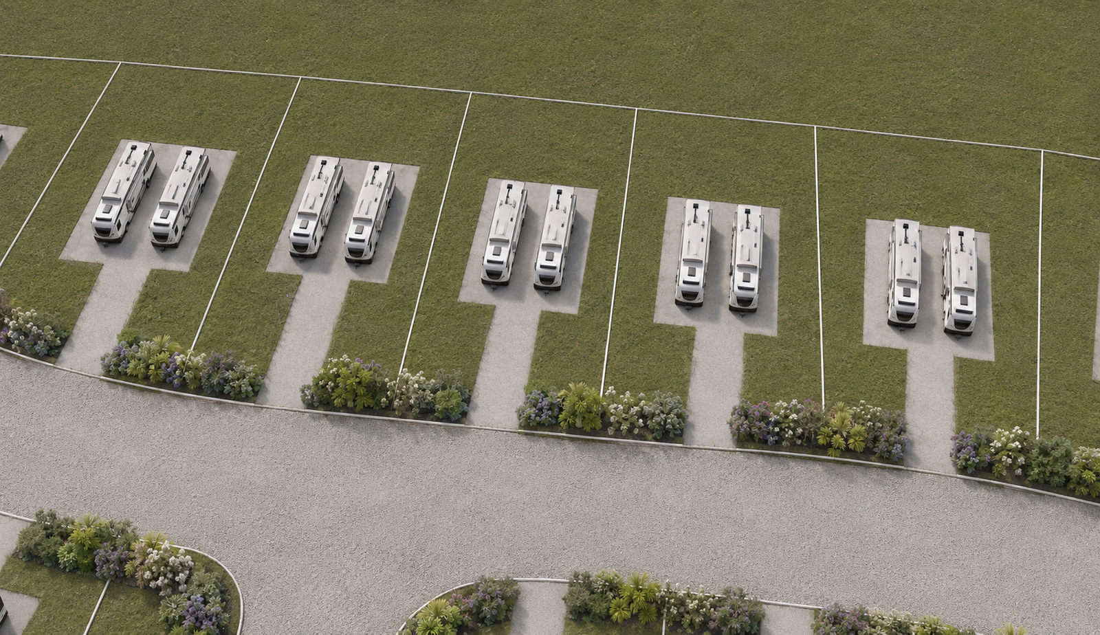 Close aerial view of RV pads and landscaping